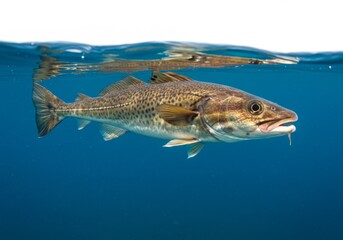 Atlantic Cod Swimming Gracefully in Clear Blue Ocean Water Ecosystem
