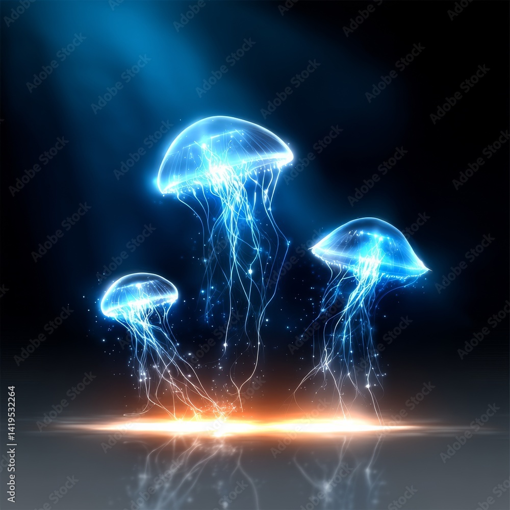 Aufkleber luminescent jellyfish dance: a trio of glowing wonders in the deep blue, reflecting on a shimmering 