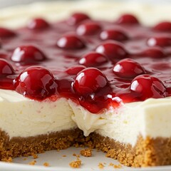 macro photo of cheese cake with cherries on top