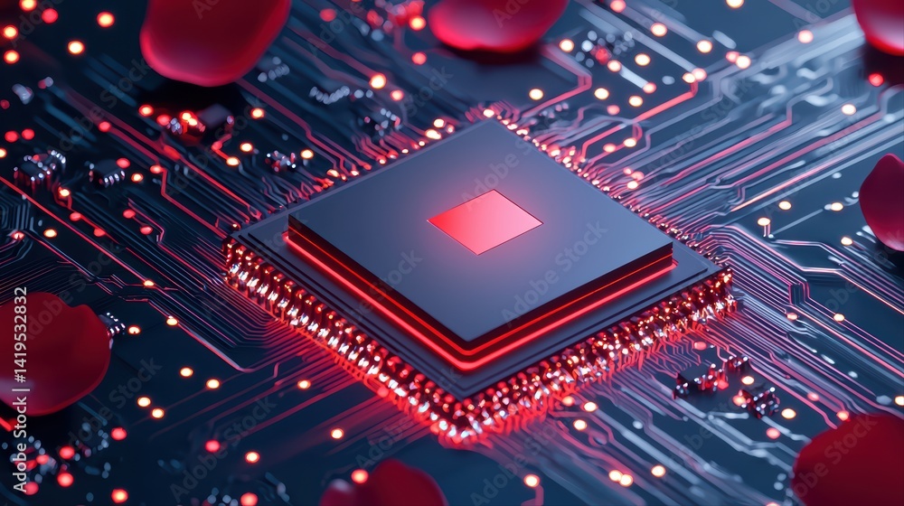 Poster futuristic microchip surrounded by abstract red petals on circuit board