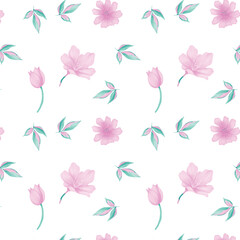 Soft Watercolor Pink Flowers and Green Leaves Pattern