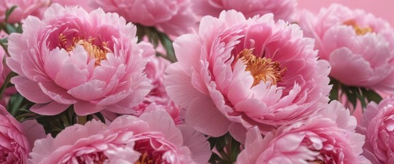 Fototapeta premium Close-up of densely packed pink peonies on a soft pink backdrop , bloom, romantic