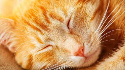 Adorable ginger cat sleeping peacefully in soft warm light