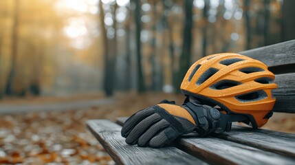 Orange cycling helmet and gloves on a park bench in autumn setting