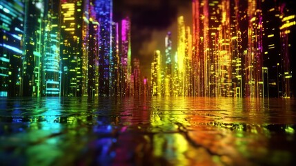 Fototapeta premium Vibrant neon cityscape reflects in a wet urban plaza.