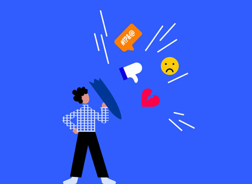 Person with shield protecting from negative message, feedback and negativity of social media