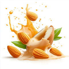 A splash of creamy almond milk with whole almonds and green leaves, capturing natural essence and deliciousness.
