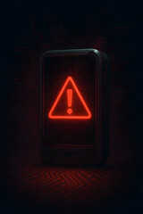 Futuristic Digital Artwork of Cybersecurity Warning Symbol on High-Tech Device, Glowing Red Alert with Dark Background, Binary Code and Circuit Patterns Highlighting Digital Risk and Data Protection.