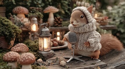 Obraz premium Rustic Autumn Scene: Squirrel in Knitted Sweater by Lantern