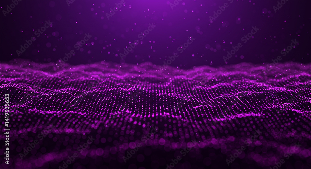 Poster a purple digital landscape with flowing particles and a dark background creating a futuristic scene