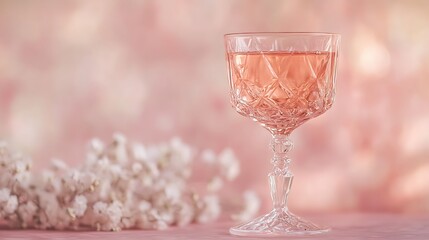 Elegant Crystal Glass with Pink Drink and Delicate White Flowers