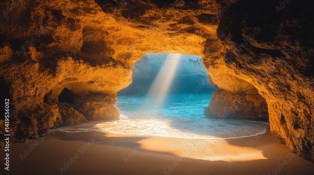 Poster sunlight filters through an enchanting beach cave, casting golden rays upon the soft sand and serene