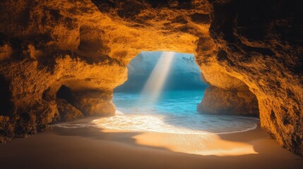 Sunlight filters through an enchanting beach cave, casting golden rays upon the soft sand and serene water. This natural wonder invites exploration and reflection amid coastal beauty