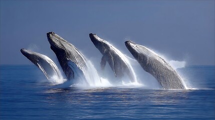 Fototapeta premium Three Humpback Whales Breaching in Blue Ocean