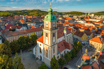 Fototapeta premium Aerial view of the Maribor Cathedral in Maribor city, Slovenia