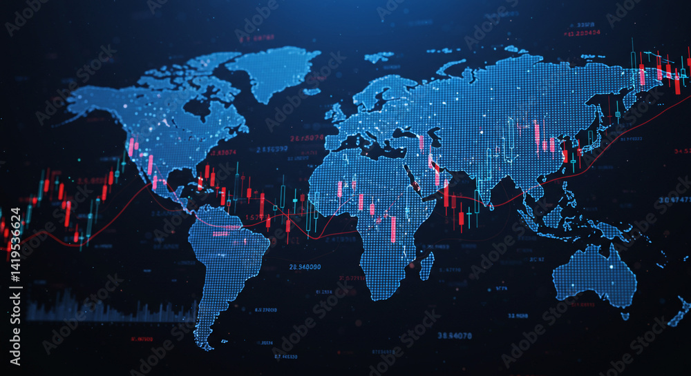 Poster a world map with a blue grid overlay and red stock market candlesticks and line graph overlaying it