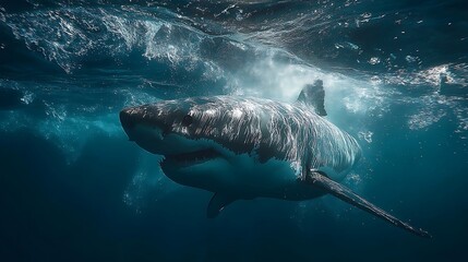Fototapeta premium Great White Shark Underwater in Dark Blue Ocean