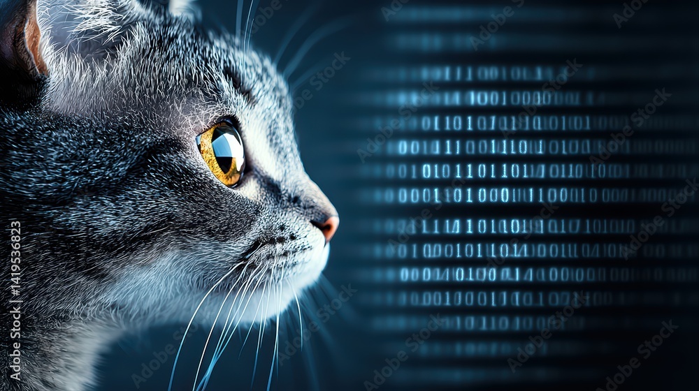 Poster curious cat with glowing eye against binary code background