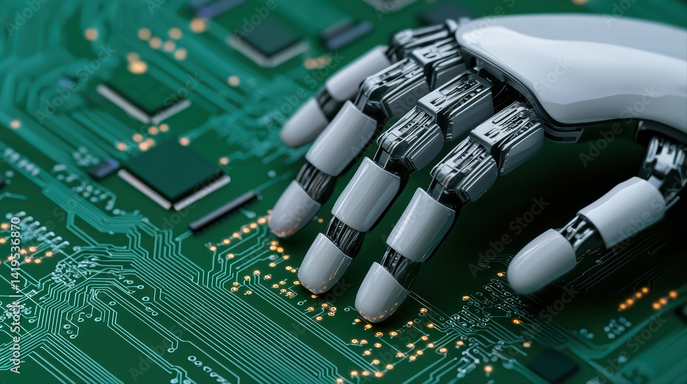 Poster robotic hand interacting with circuit board in high-tech environment