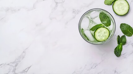 Obraz premium Refreshing mint cucumber drink with ice on marble background