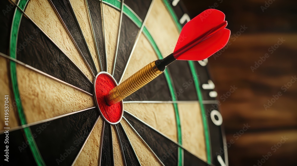 Poster dartboard with red dart darting straight into center bullseye