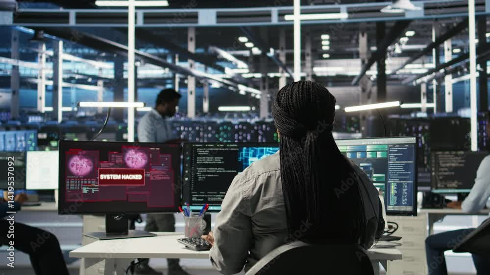 Poster technicians in ai server hub collaborate to protect against data theft during active threat. data ce