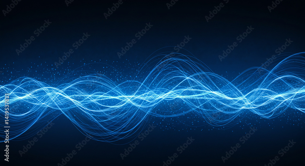 Poster a vibrant image showcasing abstract blue light waves against a dark background creating a dynamic ef