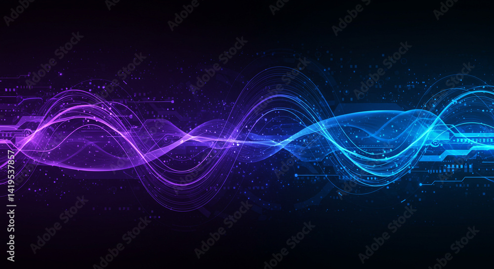 Poster abstract background showing purple and blue waves with circuit board elements and small particles
