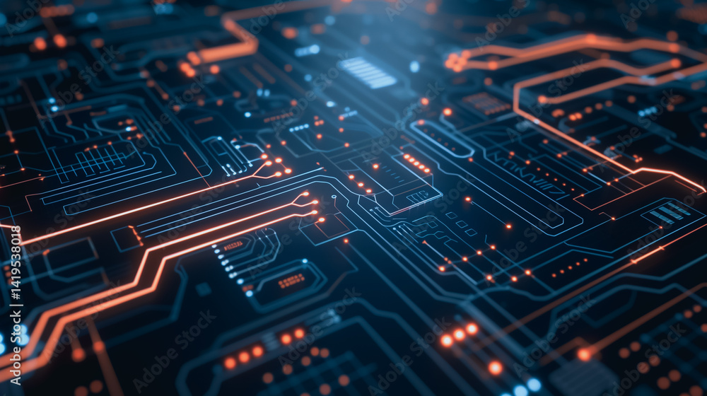 Poster illuminated circuit board: an intricate and stunning macro view of a complex circuit board, its path