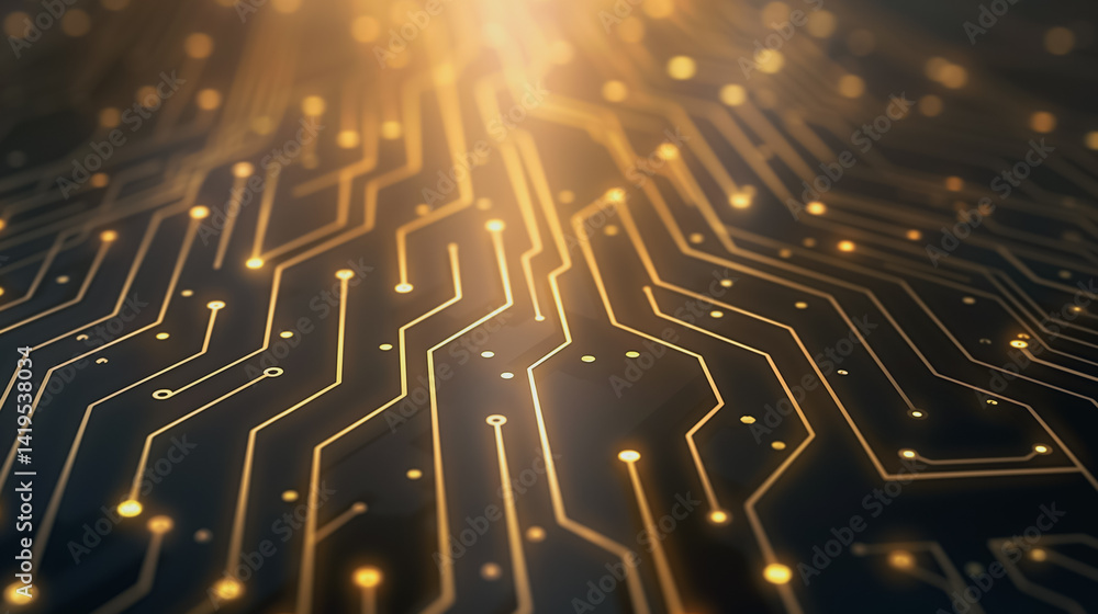Poster circuit board with golden traces: a mesmerizing close-up of a circuit board with intricate golden tr