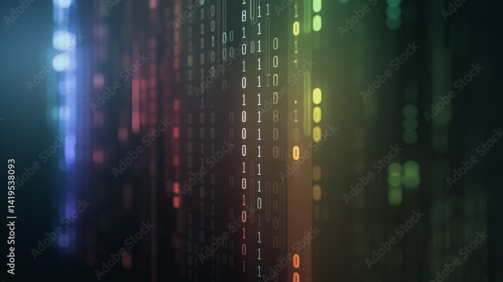Poster digital realm: a captivating digital display, featuring binary code in a spectrum of vibrant hues, s