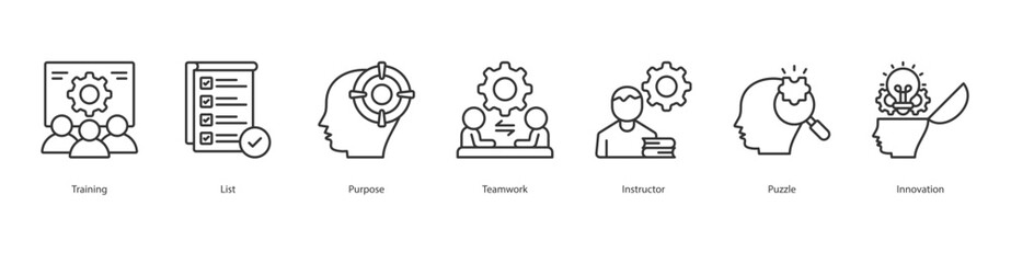 Training icon sheet vectorTraining, List, Purpose, Teamwork, Instructor, Puzzle, Innovation