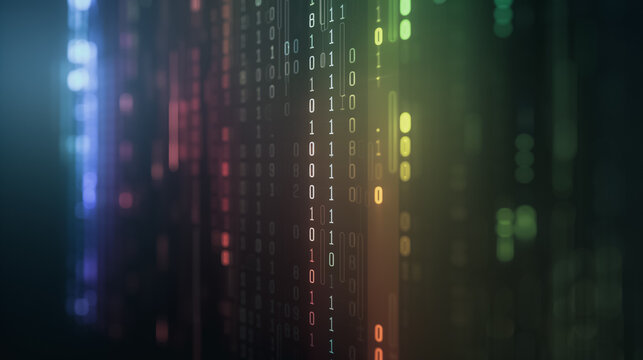 Digital Realm: A captivating digital display, featuring binary code in a spectrum of vibrant hues, suggesting complex information processing and the intricacies of modern technology.