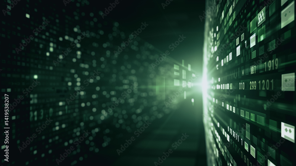 Poster digital matrix: a visual journey into the digital realm, with glowing lines of data streams cascadin
