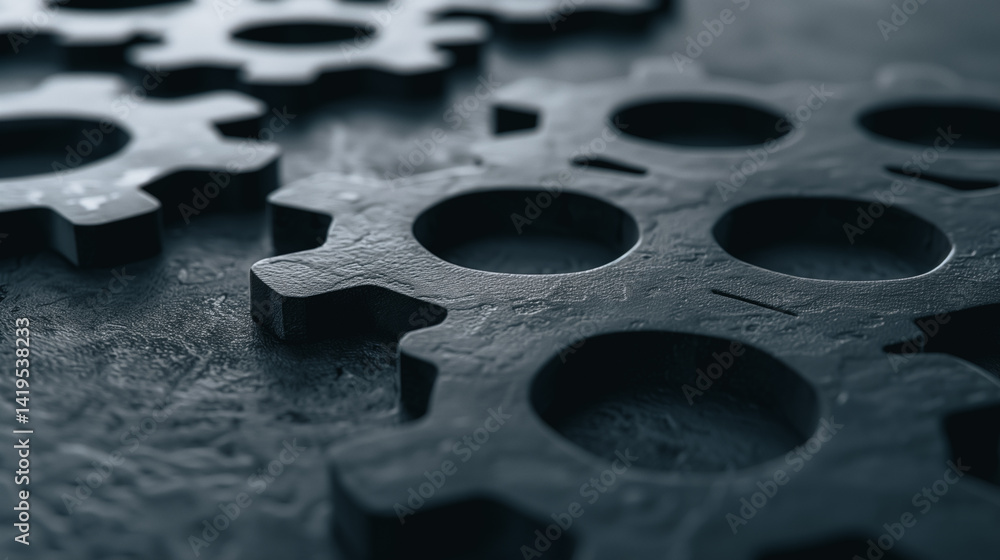 Poster interlocking gears: a close-up view of multiple metal gears interlocked on a textured surface, repre
