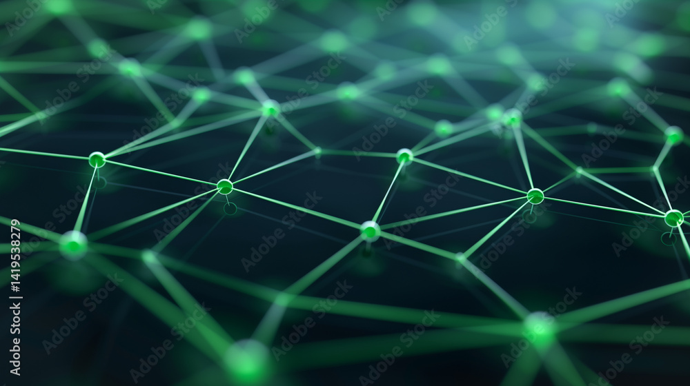 Poster interconnected network: a futuristic, interconnected network of glowing green lines and nodes, symbo