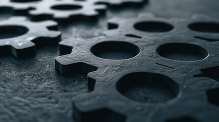 Interlocking Gears: A close-up view of multiple metal gears interlocked on a textured surface, representing industry, mechanics, and the concept of teamwork.