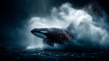 Orca Breaching in Dark Ocean Water