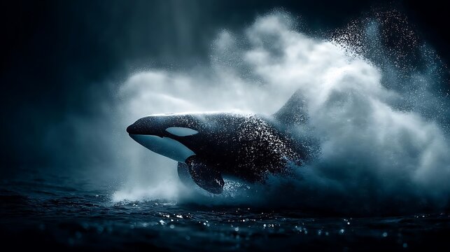 Orca Breaching in Dark Ocean Water