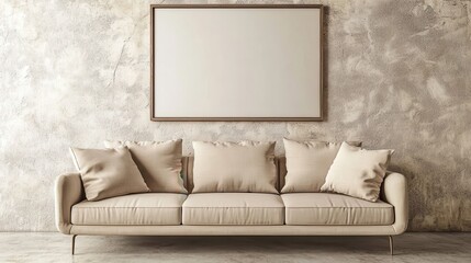 Elegant couch with pillows positioned below framed wall art
