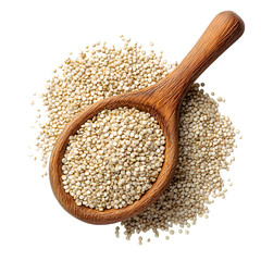 Raw white quinoa seeds in wooden spoon, isolated with clipping path --v 7.0