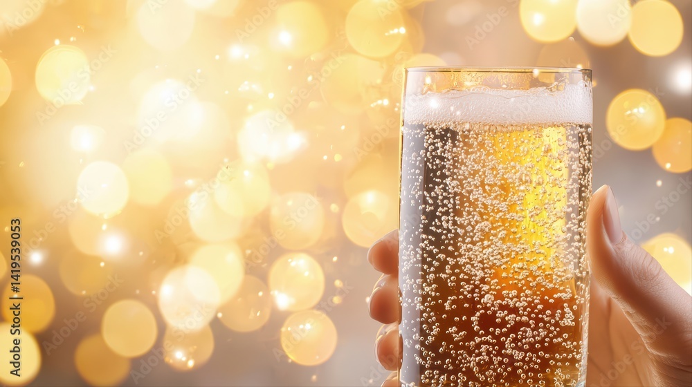 Poster refreshing beverage in hand with bokeh background and sparkling effect