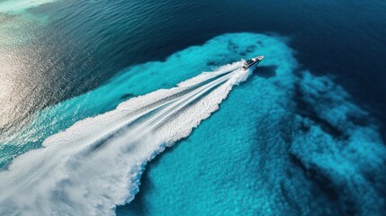 Aerial view of a motorboat's wake on turquoise water.