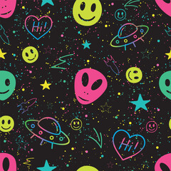 Playful seamless pattern with neon aliens, UFOs, stars, rockets, and smiley faces on a black galaxy background. Great for tech, youth fashion, and sci-fi themed designs.