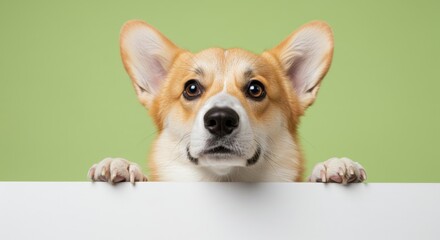 Adorable corgi puppy peeking over a white banner on green background
