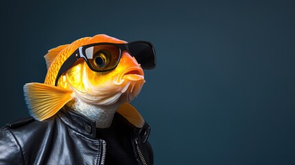 Fototapeta premium Stylish goldfish in sunglasses with leather jacket against a dark background