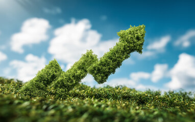 Arrow and chart on grassy field with clear sky, representing sustainable growth and nature.