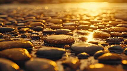Obraz premium Sunset reflection on wet stones by the water's edge
