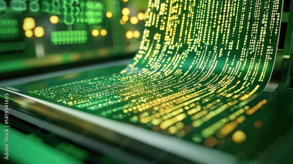 Poster green digital matrix display with flowing data streams in detail