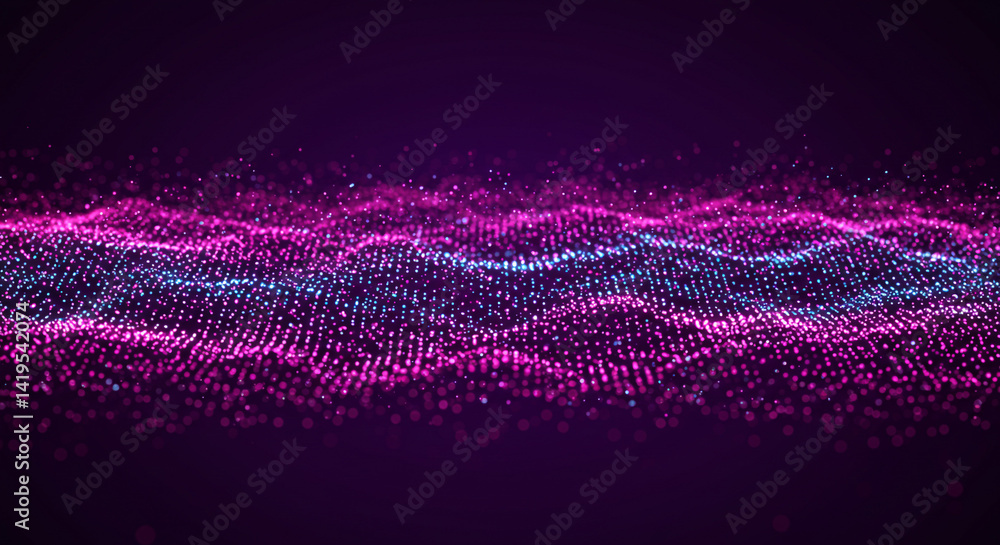 Poster abstract image of a digital wave with pink and blue particles on a dark purple background design ele
